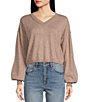 Color:Heather Oatmeal - Image 1 - Knit V-Neck Long Balloon Sleeve Sweater