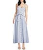 A Loves A Linen Stripe Sweetheart Neck Tank Strap Button Front Tie Drop Waist Flounce A-Line Midi Dress, Color:Ice Blue - Image 1