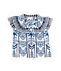 Color:Indigo Multi - Image 1 - Little Girls 2T-6X Family Matching Multi Print Cap Sleeve Tie Front Blouse