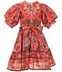 A Loves A Little Girls Batik Print Puff Sleeve Button Front Dress, Color:Coral/Multi - Image 1