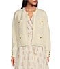 Color:Ivory - Image 1 - Long Sleeve Button Cuff Crew Neck Front Pocket Cardigan