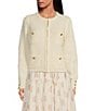 Color:Ivory - Image 4 - Long Sleeve Button Cuff Crew Neck Front Pocket Cardigan