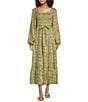 A Loves A Lurex Metallic Trellis Printed Sqaure Neck Long Balloon Sleeve Smocked Bodice A-Line Flounce Midi Dress, Color:Antique Jade - Image 1