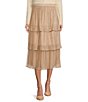 Color:Champagne Gold - Image 1 - Metallic Crepe High Waist A-Line Tiered Ruffle Midi Skirt