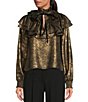 Color:Champagne Gold - Image 1 - Metallic Floral Print Split V-Neck Long Sleeve Tie Front Tiered Ruffle Blouse