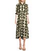 Color:Green/Multi - Image 1 - Paisley Print Button Front Point Collar 3/4 Sleeve Tiered Midi Shirt Dress