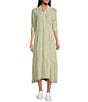 A Loves A Pinstripe Print Button Point Collar 3/4 Blouson Cuff Sleeve Tiered Waistless Midi Shirt Dress, Color:Antique Jade - Image 1
