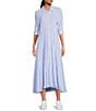 A Loves A Pinstripe Print Button Point Collar 3/4 Blouson Cuff Sleeve Tiered Waistless Midi Shirt Dress, Color:Serenity Blue - Image 1
