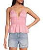 Color:Ballet Pink - Image 1 - Plunging V-Neck Sleeveless Ruched Cinched Peplum Spaghetti Strap Back Detail Top
