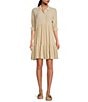 Color:Oat - Image 1 - Point Collar 3/4 Cuffed Sleeve Button Front Mini Shirt Dress