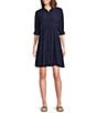 Color:Indigo - Image 1 - Point Collar 3/4 Cuffed Sleeve Button Front Mini Shirt Dress