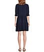 Color:Indigo - Image 2 - Point Collar 3/4 Cuffed Sleeve Button Front Mini Shirt Dress