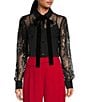 A Loves A Poplin Point Collar Bow Tie Neck Sheer Illusion Lace Long Sleeve Button Front Shirttail Blouse, Color:Black - Image 1