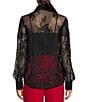 A Loves A Poplin Point Collar Bow Tie Neck Sheer Illusion Lace Long Sleeve Button Front Shirttail Blouse, Color:Black - Image 2