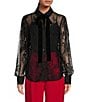 A Loves A Poplin Point Collar Bow Tie Neck Sheer Illusion Lace Long Sleeve Button Front Shirttail Blouse, Color:Black - Image 4