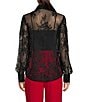 A Loves A Poplin Point Collar Bow Tie Neck Sheer Illusion Lace Long Sleeve Button Front Shirttail Blouse, Color:Black - Image 2