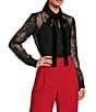 A Loves A Poplin Point Collar Bow Tie Neck Sheer Illusion Lace Long Sleeve Button Front Shirttail Blouse, Color:Black - Image 1