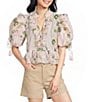 A Loves A Printed Split V-Neck Short Bubble Sleeve Woven Cropped Blouse - Image 1