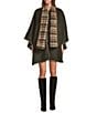 A Loves A Reversible Wool Blend Crew Neck Button Front Long Drape Sleeve Cape Jacket with Scarf, Color:Moss - Image 5