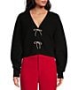 A Loves A Wool Blend Sweater Knit Rhinestone Bow V-Neck Long Sleeve Cardigan, Color:Black - Image 1