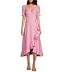 Color:Soft Pink - Image 1 - Short Puffed Sleeve High-Low Ruffled Hem Side Tie Wrap Midi Dress