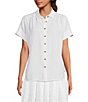Color:White - Image 1 - Short Sleeve Point Collar Button Front Coordinating Linen Shirt