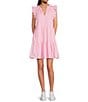Color:Soft Pink - Image 1 - Split V-Neck Ruffle Cap Sleeve Tiered Poplin Mini Dress