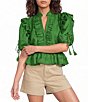 A Loves A Split V-Neck Short Bubble Sleeve Woven Cropped Blouse - Image 1
