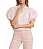 A Loves A Stripe Collared Neck Short Bubble Sleeve Button Front Shirt - Image 1