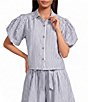 A Loves A Striped Collared Button Front Short Puff Sleeve Cropped Coordinating Shirt - Image 1
