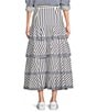 Color:Blue/White - Image 2 - Striped High Rise Button Front Contrast Trim Tiered Maxi Skirt