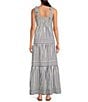 Color:Blue/White - Image 2 - Striped Sleeveless Tie Shoulder Smocked Back Tiered Maxi Dress