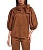 A Loves A Suede Neck Tie 3/4 Puffed Sleeve Pleated Shoulder Coordinating Top - Image 1