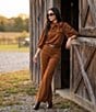 A Loves A Suede Neck Tie 3/4 Puffed Sleeve Pleated Shoulder Coordinating Top - Image 4