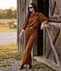 A Loves A Suede Neck Tie 3/4 Puffed Sleeve Pleated Shoulder Coordinating Top - Image 6