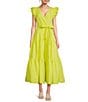 Color:Pistachio - Image 1 - Surplice V-Neck Short Ruffled Sleeve Tie Waist Tiered Maxi Dress