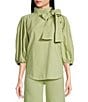 A Loves A Tinted Denim Mock Bow Tie Neck 3/4#double; Puffed Balloon Sleeve Pleated Button Shoulder Tulip Hem Top, Color:Antique Jade - Image 1