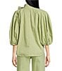 A Loves A Tinted Denim Mock Bow Tie Neck 3/4#double; Puffed Balloon Sleeve Pleated Button Shoulder Tulip Hem Top, Color:Antique Jade - Image 2