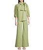 A Loves A Tinted Denim Mock Bow Tie Neck 3/4#double; Puffed Balloon Sleeve Pleated Button Shoulder Tulip Hem Top, Color:Antique Jade - Image 3