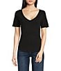 Color:Black - Image 1 - V-Neck Short Sleeve Shirttail Hem Knit Shirt