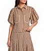 A Loves A Woven Checker Gingham Print Collared Neck Short Bubble Sleeve Button Front Coordinating Shirt - Image 1