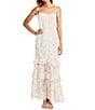 A Loves A Woven Embroidered Lace Sqaure Neck Spaghetti Tie Strap Button Front Tiered Flounce Maxi Dress, Color:Cream - Image 5