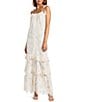 A Loves A Woven Embroidered Lace Sqaure Neck Spaghetti Tie Strap Button Front Tiered Flounce Maxi Dress, Color:Cream - Image 1
