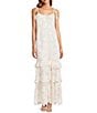 A Loves A Woven Embroidered Lace Sqaure Neck Spaghetti Tie Strap Button Front Tiered Flounce Maxi Dress, Color:Cream - Image 2