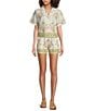 A Loves A Woven Floral Notch Lapel Button Front Short Sleeve Cropped Coordinating Camp Shirt, Color:Ivory/Multi - Image 3