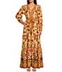 A Loves A Woven Floral Print Deep V-Neck Long Bubble Sleeve Tiered A-Line Flounce Maxi Dress, Color:Camel Multi - Image 1