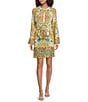 A Loves A Woven Floral Print Mandarin Collar Long Bell Sleeve Tie Waist Mini Shirt Dress, Color:Sunflower Multi - Image 1