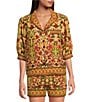 A Loves A A Loves A Woven Floral Print Notch Lapel 3/4 Bubble Sleeve Button Front Coordinating Camp Shirt, Color:Camel Multi - Image 1