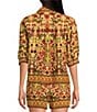 A Loves A A Loves A Woven Floral Print Notch Lapel 3/4 Bubble Sleeve Button Front Coordinating Camp Shirt, Color:Camel Multi - Image 2