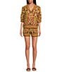 A Loves A A Loves A Woven Floral Print Notch Lapel 3/4 Bubble Sleeve Button Front Coordinating Camp Shirt, Color:Camel Multi - Image 3